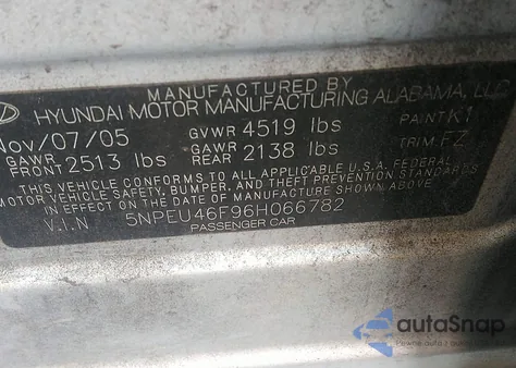 2006 Hyundai Sonata Gls V6/Lx V6 из США, поврежденный, VIN 5NPEU46F96H066782